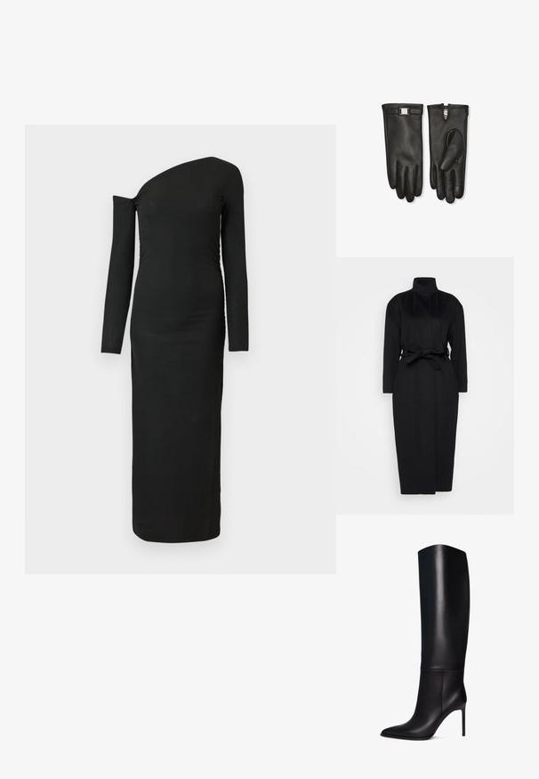 Schwarzer langärmeliger Mantel aus weichem Stoff, mit hohem Kragen und einem gebundenen Taillengürtel, gerader Silhouette und minimalen Designdetails.; Schwarzes, eng anliegendes Langarmkleid mit asymmetrischem Ausschnitt und gerafftem Seitendetail, aus geripptem Stoff gefertigt.; Knöchelhohe schwarze Leder-Stiletto-Stiefel mit spitzem Zeh. Glatte Textur, strukturiertes Design und schmaler hoher Absatz. Keine sichtbaren Beschläge oder Muster.; Paar schwarze Lederhandschuhe mit einer kleinen silbernen Schnalle am Handgelenk des linken Handschuhs, flach liegend gezeigt mit Handflächen nach oben und unten.