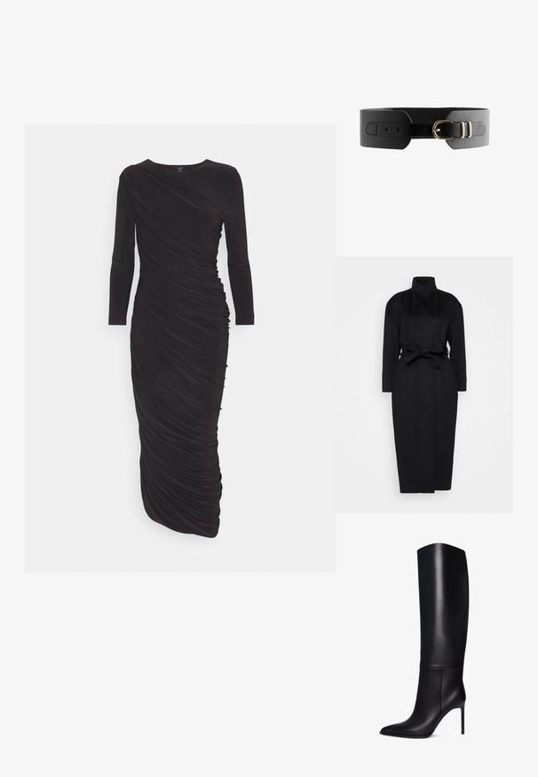 Schwarzer langärmeliger Mantel aus weichem Stoff, mit hohem Kragen und einem gebundenen Taillengürtel, gerader Silhouette und minimalen Designdetails.; Norma Kamali DIANA GOWN - Jerseykleid - black; Knöchelhohe schwarze Leder-Stiletto-Stiefel mit spitzem Zeh. Glatte Textur, strukturiertes Design und schmaler hoher Absatz. Keine sichtbaren Beschläge oder Muster.; Schwarzer Leder-Gürtel mit einem breiten Band, ausgestattet mit einer doppelten Schnalle in Goldtönen und mehreren Löchern zur anpassbaren Größenverstellung. Glatte Textur und klares Design.