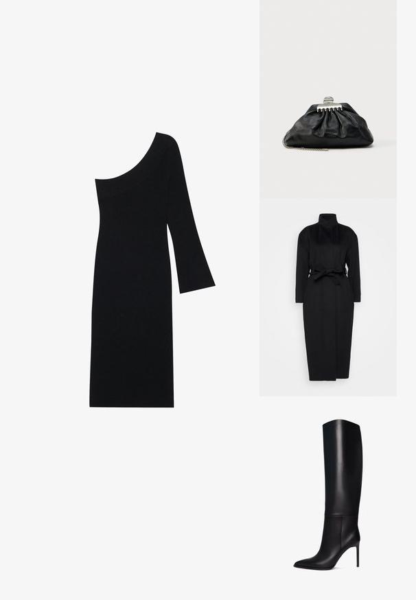 Schwarzer langärmeliger Mantel aus weichem Stoff, mit hohem Kragen und einem gebundenen Taillengürtel, gerader Silhouette und minimalen Designdetails.; Schwarzes geripptes Strickkleid mit asymmetrischem Ausschnitt und einem Glockenärmel, mit einer figurschmeichelnden Silhouette bis zum Knie.; Knöchelhohe schwarze Leder-Stiletto-Stiefel mit spitzem Zeh. Glatte Textur, strukturiertes Design und schmaler hoher Absatz. Keine sichtbaren Beschläge oder Muster.; Schwarze Leder-Clutch mit gerafftem Design, silberner Verschluss-Hardware und Kettenriemen. Dezentes Markenlogo auf der Vorderseite geprägt.