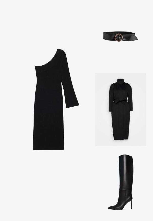 Schwarzer langärmeliger Mantel aus weichem Stoff, mit hohem Kragen und einem gebundenen Taillengürtel, gerader Silhouette und minimalen Designdetails.; Schwarzes geripptes Strickkleid mit asymmetrischem Ausschnitt und einem Glockenärmel, mit einer figurschmeichelnden Silhouette bis zum Knie.; Knöchelhohe schwarze Leder-Stiletto-Stiefel mit spitzem Zeh. Glatte Textur, strukturiertes Design und schmaler hoher Absatz. Keine sichtbaren Beschläge oder Muster.; Schwarzer Ledergürtel mit breitem Band und großer unregelmäßiger kupferfarbener Metallschnalle.