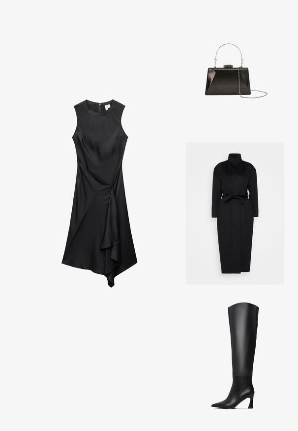 Zwarte lange mouwen jas gemaakt van zachte stof, met een hoge kraag en een gestrikt tailleband, met een rechte silhouet en minimale ontwerpdetails.; Mouwloze zwarte jurk met ronde halslijn en asymmetrische gedrapeerde zoom, voorzien van een ritssluiting aan de achterkant.; Zwarte leren laarzen tot de knie met een spitse neus, rechte schacht en een taps toelopende hoge hak. Gladde textuur met minimale details.; Rechthoekige zwarte metalen tas met een getextureerd oppervlak, bovenste sluiting en een afneembare kettingriem. Heeft een hoekig ontwerp met een glanzende afwerking.