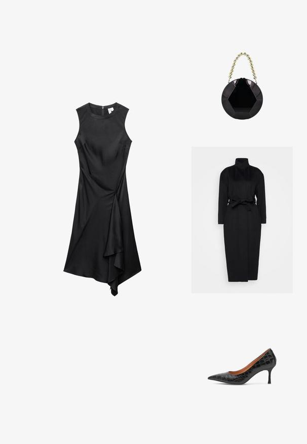 Zwarte lange mouwen jas gemaakt van zachte stof, met een hoge kraag en een gestrikt tailleband, met een rechte silhouet en minimale ontwerpdetails.; Mouwloze zwarte jurk met ronde halslijn en asymmetrische gedrapeerde zoom, voorzien van een ritssluiting aan de achterkant.; Woden Klassieke pumps - black; Glanzende zwarte ronde handtas met hexagonaal patroon en korte handgreep gemaakt van grote gouden kralen.