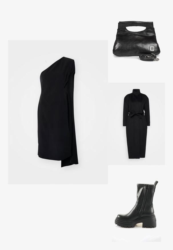 Manteau noir à manches longues en tissu doux, doté d'un col haut et d'une ceinture nouée à la taille, avec une silhouette droite et des détails de design minimaux.; Robe asymétrique noire à une épaule, en tissu satiné, avec un design drapé et une fente sur le côté pour un détail supplémentaire.; Bottines en cuir noir avec doubles zips, semelle intermédiaire épaisse et semelle en caoutchouc texturé. Dispose d'une languette à l'arrière pour un enfilage facile.; Pochette en cuir noir avec poignée découpée et bandoulière amovible, décorée d'un petit logo AS98 argenté sur le devant.