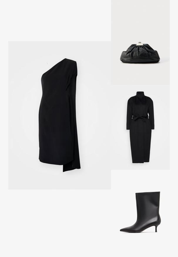 Schwarzer langärmeliger Mantel aus weichem Stoff, mit hohem Kragen und einem gebundenen Taillengürtel, gerader Silhouette und minimalen Designdetails.; Schwarzes asymmetrisches Kleid mit einem Schulterträger, aus glattem Stoff, mit drapierter Gestaltung und seitlichem Schlitz für zusätzliche Details.; Schwarze Leder ankle boots mit glatter Oberfläche, spitz zulaufender Zehenpartie und niedrigem Kittenabsatz. Schlichtes Design ohne zusätzliche Verzierungen.; Schwarze Leder-Clutch mit geraffter Textur, Metallverschluss und dezentem, auf der Vorderseite geprägtem Logo. Abgerundete Form.
