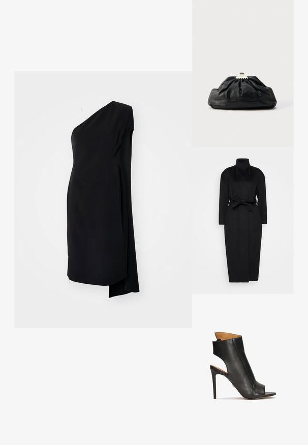 Schwarzer langärmeliger Mantel aus weichem Stoff, mit hohem Kragen und einem gebundenen Taillengürtel, gerader Silhouette und minimalen Designdetails.; Schwarzes asymmetrisches Kleid mit einem Schulterträger, aus glattem Stoff, mit drapierter Gestaltung und seitlichem Schlitz für zusätzliche Details.; Schwarze Leder-Sandaletten mit hohem Absatz, offen an der Zehe und mit ausgeschnittenem Design. Verfügt über einen Stiletto-Absatz und einen konturierten Knöchelbereich.; Schwarze Leder-Clutch mit geraffter Textur, Metallverschluss und dezentem, auf der Vorderseite geprägtem Logo. Abgerundete Form.