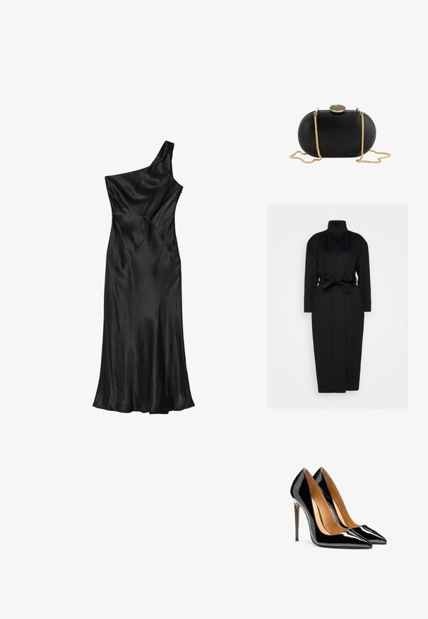Abrigo negro de manga larga hecho de un tejido suave, con un collar alto y un cinturón de tela atado a la cintura, con una silueta recta y detalles de diseño mínimos.; Vestido negro de satén con un solo hombro, cuerpo ajustado y falda evaseada, que presenta costuras diagonales y una textura suave en todo el tejido.; Par de tacones altos de charol negro brillante con punta afilada, tacones de aguja y forro interior color beige sobre fondo blanco.; Bolso de mano tipo clutch ovalado negro con superficie lisa, correa de cadena dorada y cierre redondo negro y dorado en la parte superior sobre un fondo blanco.