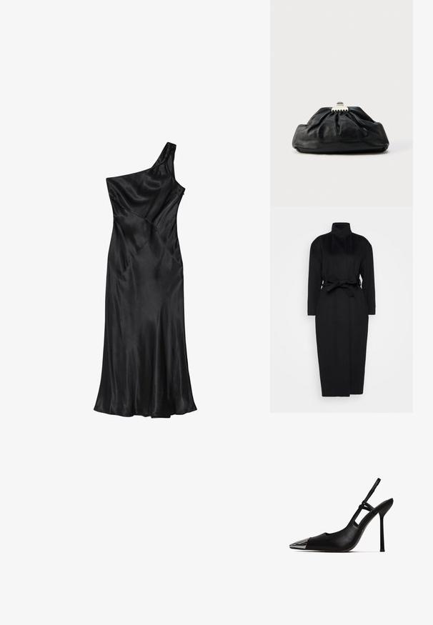 Schwarzer langärmeliger Mantel aus weichem Stoff, mit hohem Kragen und einem gebundenen Taillengürtel, gerader Silhouette und minimalen Designdetails.; Schwarzes Satin-Kleid mit einer Schulter, tailliertem Oberteil und ausgestelltem Rock, mit diagonalen Nähten und durchgehend glatter Textur.; Schwarzer Slingback-Pump mit spitzem Zeh und glänzender metallischer Kappe. Verfügt über einen hohen Stiletto-Absatz und einen schmalen Knöchelriemen. Glatte Lederoberfläche.; Schwarze Leder-Clutch mit geraffter Textur, Metallverschluss und dezentem, auf der Vorderseite geprägtem Logo. Abgerundete Form.