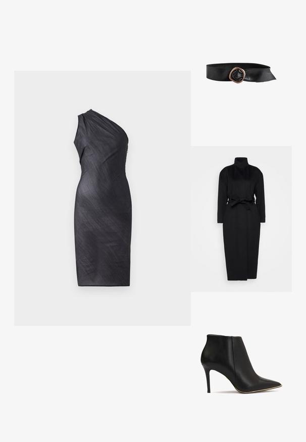 Abrigo negro de manga larga hecho de un tejido suave, con un collar alto y un cinturón de tela atado a la cintura, con una silueta recta y detalles de diseño mínimos.; Vestido negro asimétrico con un hombro, textura drapeada, a la altura de la rodilla, silueta ajustada y cierre de cremallera en la espalda.; Botín de cuero negro hasta el tobillo con punta afilada, tacón alto de stiletto y un acento dorado a lo largo de la suela. Textura suave y diseño elegante.; Cinturón de cuero negro con una banda ancha y una gran hebilla metálica irregular de color cobre.