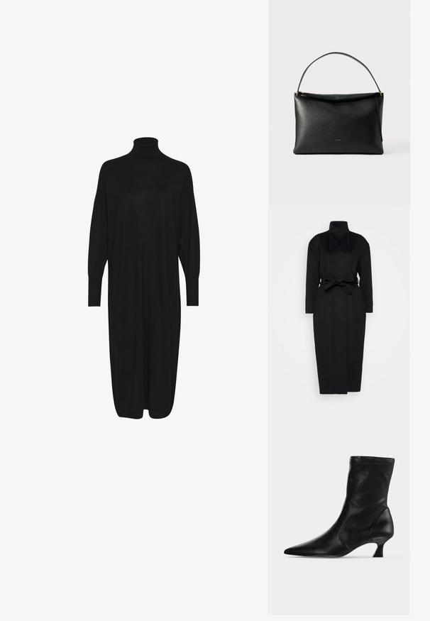 Sort langærmet frakke lavet af blødt stof, med høj krave og en bindebælte i taljen, har en lige silhuet og minimale designdetaljer.; Sort strikket kjole med høj mock neck, lange ærmer og en afslappet pasform. Glat tekstur med længde til midt på læggen og ingen synlige mønstre eller detaljer.; Sort læderstøvle til midt på læggen med spids tå og lav kittenhæl, vist fra siden på en ensartet lys baggrund.; Sort læderhåndtaske med en glat tekstur, et buet håndtag og en lynlåsdetaile i guldton. Minimalistisk design med et diskret logo.