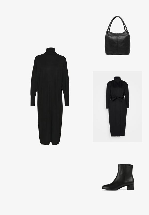 Sort langærmet frakke lavet af blødt stof, med høj krave og en bindebælte i taljen, har en lige silhuet og minimale designdetaljer.; Sort strikket kjole med høj mock neck, lange ærmer og en afslappet pasform. Glat tekstur med længde til midt på læggen og ingen synlige mønstre eller detaljer.; Sort læder ankelstøvle med rund tå, lav blokhælh, glat tekstur og en subtil logoaccent på anklen.; Sort læderhåndtaske med to runde håndtag, blød tekstur og et enkelt, buet design. Ingen synligt hardware eller dekorationer.