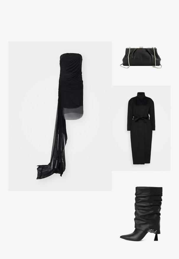 Zwarte lange mouwen jas gemaakt van zachte stof, met een hoge kraag en een gestrikt tailleband, met een rechte silhouet en minimale ontwerpdetails.; Zwarte strapless jurk met gerimpelde stof, voorzien van een doorschijnende overlay en een verlengd, vloeiend paneel aan één kant. Glad textuur door de hele jurk.; Zwarte slappe leren laars met hoge hak, puntige neus en zilveren "Karl" logo nabij de hiel op een witte achtergrond.; Zwart zachte leren clutch portemonnee met zilveren metalen frame en afneembare zilveren kettingriem op een witte achtergrond.