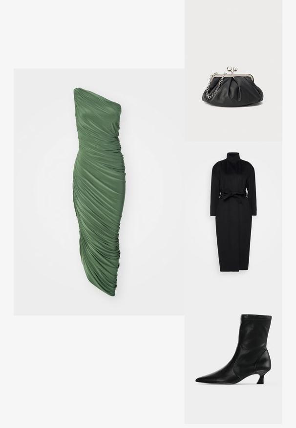 Zwarte lange mouwen jas gemaakt van zachte stof, met een hoge kraag en een gestrikt tailleband, met een rechte silhouet en minimale ontwerpdetails.; Groene, een-schouder jurk van geplooide, gestructureerde stof, met een aansluitende silhoët die naar de zoom toe vloeit.; Zwarte leren midkuitlaars met spitse neus en lage kittenhak, zijaanzicht op een effen lichte achtergrond.; Zwarte leren clutch met geplooide textuur, zilverkleurig metalen frame, drukknopsluiting en kettingriem. Glad, zacht oppervlak.