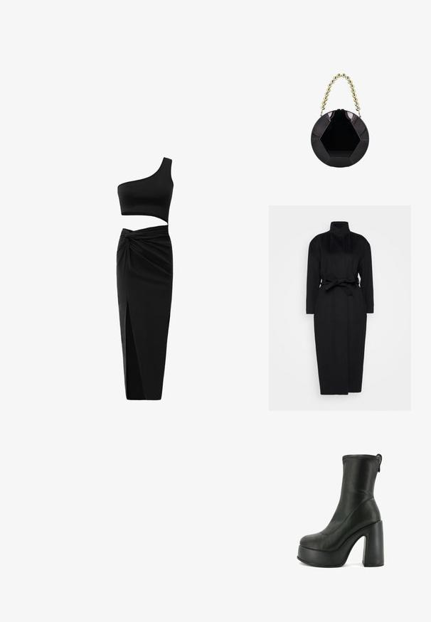 Zwarte lange mouwen jas gemaakt van zachte stof, met een hoge kraag en een gestrikt tailleband, met een rechte silhouet en minimale ontwerpdetails.; Zwart twee-delig outfit met een één-schouder crop top en hoge taille rok met een gedraaide detail en een zijsplit. Glad materiaal.; Zwarte leren enkelboot met een hoge plateauzool en stevige hak. Gladde textuur met stiksels en een trekhaak aan de achterkant.; Glanzende zwarte ronde handtas met hexagonaal patroon en korte handgreep gemaakt van grote gouden kralen.