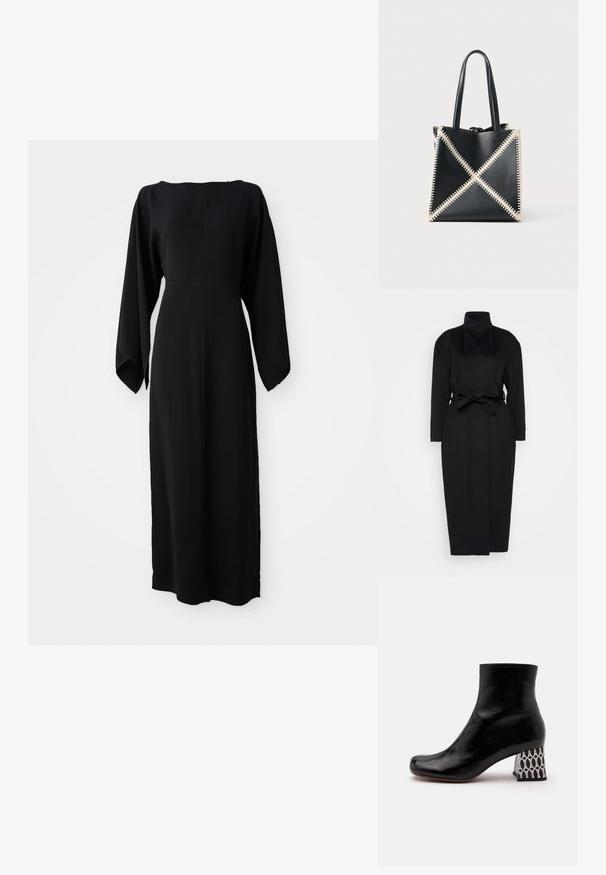 Manteau noir à manches longues en tissu doux, doté d'un col haut et d'une ceinture nouée à la taille, avec une silhouette droite et des détails de design minimaux.; Robe noire à manches longues avec une coupe droite, dotée d'un décolleté bateau et d'une texture douce et lisse. Pas de motifs visibles ni de détails en métal.; Bottine en cuir verni noir avec un bout carré et un talon épais à motif géométrique noir et blanc.; Sac fourre-tout en cuir noir avec des coutures crème formant un motif en X. Il dispose de deux poignées noires et d'une forme non structurée.