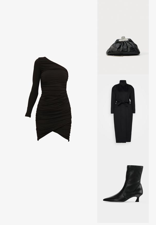 Abrigo negro de manga larga hecho de un tejido suave, con un collar alto y un cinturón de tela atado a la cintura, con una silueta recta y detalles de diseño mínimos.; Vestido negro de un solo hombro, confeccionado en material elástico, con detalles fruncidos y un dobladillo asimétrico que proporciona una silueta ajustada.; Bota negra de cuero hasta media pantorrilla con puntera puntiaguda y tacón bajo tipo kitten, vista de lado sobre un fondo claro y liso.; Bolso de mano de cuero negro con diseño fruncido, cierre de herrajes plateados y correa de cadena. Marca sutil grabada en relieve en la parte delantera.