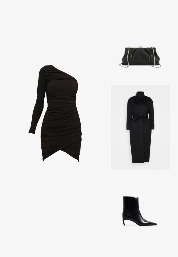 Abrigo negro de manga larga hecho de un tejido suave, con un collar alto y un cinturón de tela atado a la cintura, con una silueta recta y detalles de diseño mínimos.; Vestido negro de un solo hombro, confeccionado en material elástico, con detalles fruncidos y un dobladillo asimétrico que proporciona una silueta ajustada.; Botín negro de cuero hasta el tobillo con punta afilada y un tacón pequeño y delgado. Textura suave con un diseño elegante y minimalista.; Bolso de mano de cuero negro suave con marco de metal plateado y correa de cadena plateada desmontable sobre fondo blanco.