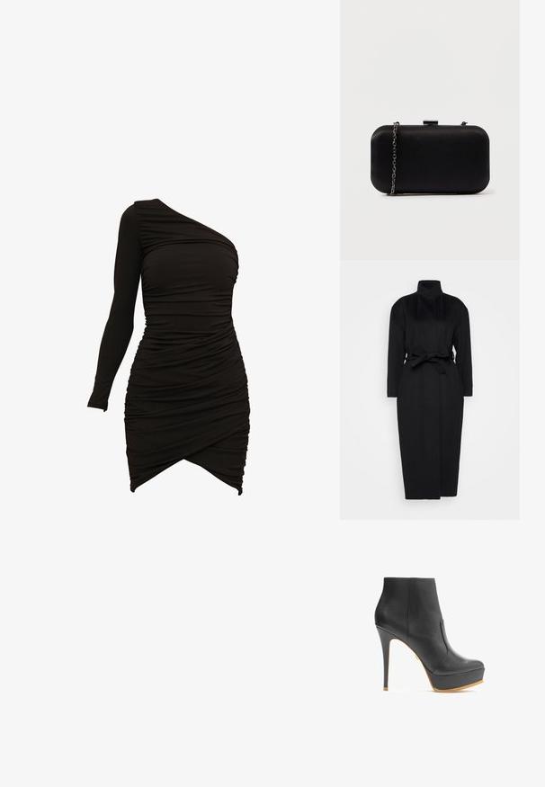 Abrigo negro de manga larga hecho de un tejido suave, con un collar alto y un cinturón de tela atado a la cintura, con una silueta recta y detalles de diseño mínimos.; Vestido negro de un solo hombro, confeccionado en material elástico, con detalles fruncidos y un dobladillo asimétrico que proporciona una silueta ajustada.; Botín de cuero negro hasta el tobillo con un alto tacón de aguja y plataforma. Presenta una textura suave y un sutil diseño con corte lateral.; Clutch rectangular negro hecho de material suave. Cuenta con una correa de cadena desmontable y un cierre metálico en la parte superior. Diseño simple con bordes redondeados.