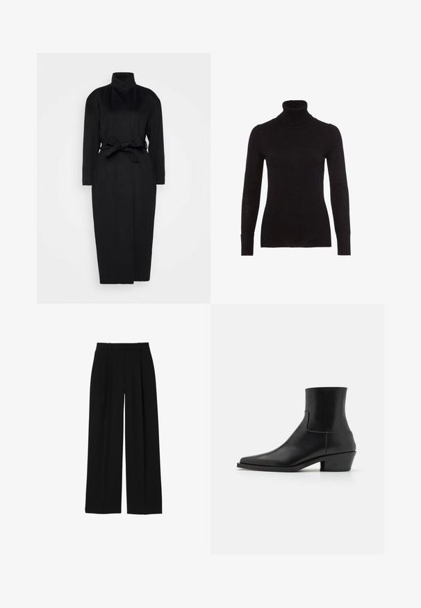 Sort langærmet frakke lavet af blødt stof, med høj krave og en bindebælte i taljen, har en lige silhuet og minimale designdetaljer.; Sort rullekravesweater lavet af blød strik. Har lange ærmer, ribbede manchetter og en ribbet halsudskæring. Glat overflade uden synlige mønstre.; Sorte bukser med høj talje og vidde i benene med bæltestropper og forreste presninger, vist på hvid baggrund.; Sorte læder ankelstøvler med firkantet tå, mat finish og lav blokhæl. Har et glat, strømlinet design uden udsmykninger.