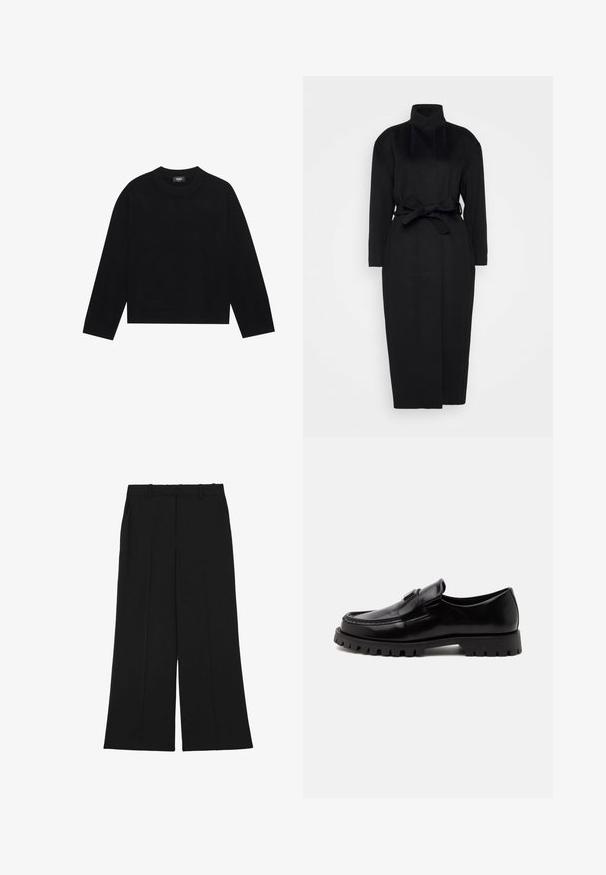 Sort langærmet frakke lavet af blødt stof, med høj krave og en bindebælte i taljen, har en lige silhuet og minimale designdetaljer.; Sort crew-neck sweater med lange ærmer, ribbede manchetter og kant, lavet af blødt materiale. Enkel, ren design uden mønstre eller aksenter.; Sorte bukser med vide ben lavet af et glat stof. De har høj talje, dobbelt forreste læg og bæltestropper. Ingen synlige lommer eller pynt.; Sort læderloafer med kraftigt mønster-ydersål og lav hæl, med poleret finish og en remdetalje hen over toppen.