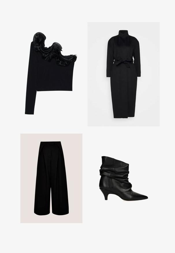 Zwarte lange mouwen jas gemaakt van zachte stof, met een hoge kraag en een gestrikt tailleband, met een rechte silhouet en minimale ontwerpdetails.; Zwarte tops met één schouder, voorzien van een ruffled doorzichtige overlay langs de halslijn, gemaakt van lichtgewicht stof met een gladde textuur.; Zwarte wijde broek met hoge taille, plooien en een verborgen voorsluiting tegen een effen lichte achtergrond.; Zwarte leren enkellaars met spitse neus, lage kittenheel en slungelige schachtdesign.