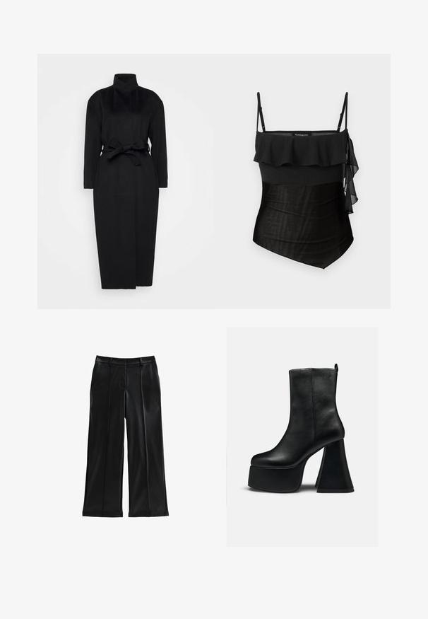 Abrigo negro de manga larga hecho de un tejido suave, con un collar alto y un cinturón de tela atado a la cintura, con una silueta recta y detalles de diseño mínimos.; Top negro con tirantes delgados ajustables, diseño de volantes en capas en el escote y un cuerpo de textura suave. El lateral tiene un acento fluido y transparente.; Pantalones anchos de imitación cuero negro con pliegues, bolsillos frontales, una textura suave y un ajuste entallado. Presenta una cintura de corte medio.; Botín de cuero negro con suela de plataforma gruesa y tacón alto ancho acampanado, textura lisa y pequeño logo cerca del borde superior.