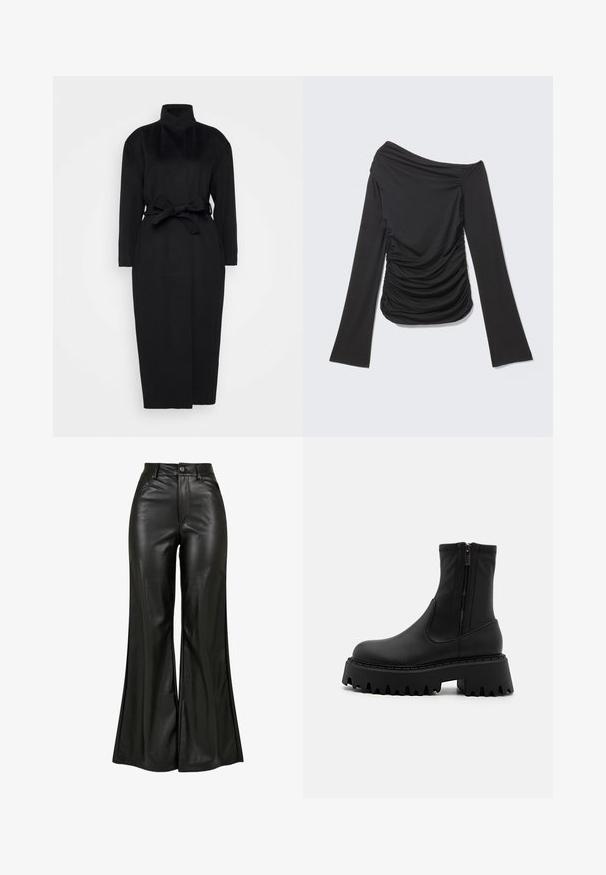 Sort langærmet frakke lavet af blødt stof, med høj krave og en bindebælte i taljen, har en lige silhuet og minimale designdetaljer.; Sort langærmet top med asymmetrisk off-shoulder halsudskæring og rynkede detaljer på siderne og foran.; Sorte læderbukser med flared design og en glat tekstur, der har høj talje, knaplukning og forreste lommer. Bred ben design og poleret finish.; Sorte ankelstøvler lavet af mat syntetisk materiale, med en sidelukning, en chunky platformsål med tandskær og forstærkede sømme.