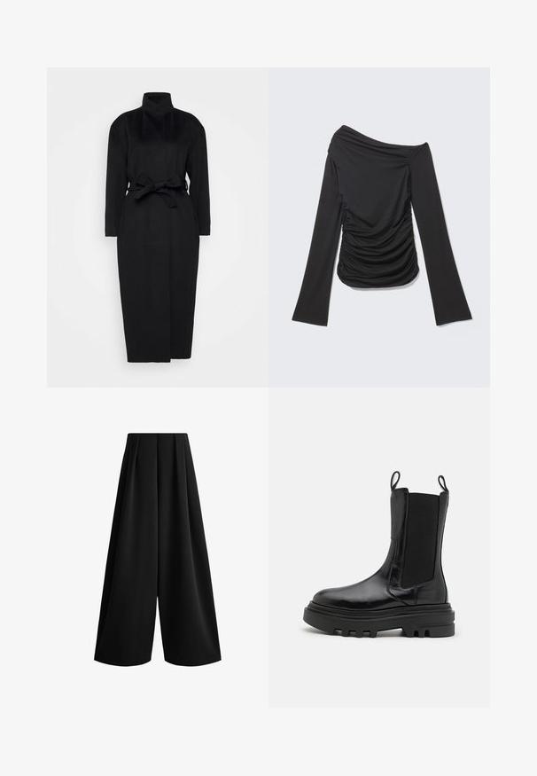 Manteau noir à manches longues en tissu doux, doté d'un col haut et d'une ceinture nouée à la taille, avec une silhouette droite et des détails de design minimaux.; Haut noir à manches longues avec un décolleté asymétrique épaule dénudée et des fronces sur les côtés et à l'avant.; Pantalon court noir à jambes larges, taille haute et tissu fluide sur fond blanc.; Bottines noires à la finition cuir brillante, avec des panneaux latéraux élastiques, des languettes de tirage et une semelle en caoutchouc épaisse et texturée. Design massif, silhouette épurée.