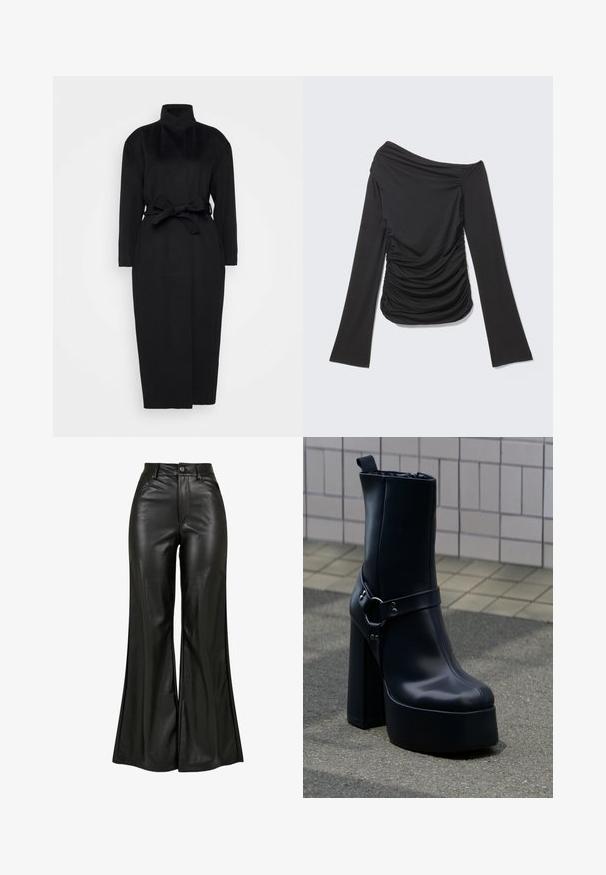 Sort langærmet frakke lavet af blødt stof, med høj krave og en bindebælte i taljen, har en lige silhuet og minimale designdetaljer.; Sort langærmet top med asymmetrisk off-shoulder halsudskæring og rynkede detaljer på siderne og foran.; Sorte læderbukser med flared design og en glat tekstur, der har høj talje, knaplukning og forreste lommer. Bred ben design og poleret finish.; Sort læder plateauankelstøvle med chunky høj hæl og dekorativ rem, placeret på grå fortov mod flisebelagt væg baggrund.