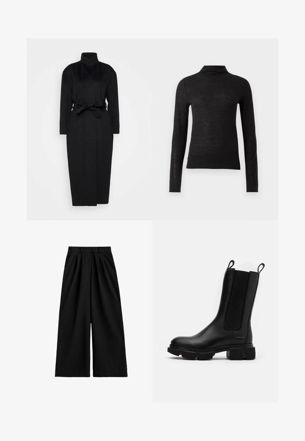 Sort langærmet frakke lavet af blødt stof, med høj krave og en bindebælte i taljen, har en lige silhuet og minimale designdetaljer.; Sort langærmet turtleneck top lavet af et struktureret materiale, med en tætsiddende pasform og minimalistisk design uden synlige mønstre eller metaldele.; Sorte bukser med vide ben og høj talje, udstyret med bæltestropper, frontplisseringer og en ren, glat stoffinish.; Sort læder ankelstøvle med elastiske sidepaneler, chunky gummisål og trækstropper. Inkluderer diskret branding præget på siden.