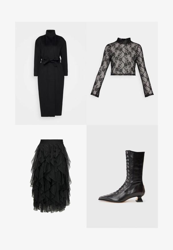 Manteau noir à manches longues en tissu doux, doté d'un col haut et d'une ceinture nouée à la taille, avec une silhouette droite et des détails de design minimaux.; ONLY ONLHELENA HIGH NECK LACE - T-shirt à manches longues - black; Jupe noire en tulle superposé avec un design à volants. Elle dispose d'une taille élastique. Le tissu transparent ajoute de la texture et du mouvement.; Bottine noire en cuir avec un bout pointu, laçage à l'avant, œillets en métal, petit talon block et un design épuré. Texture lisse, silhouette moderne.