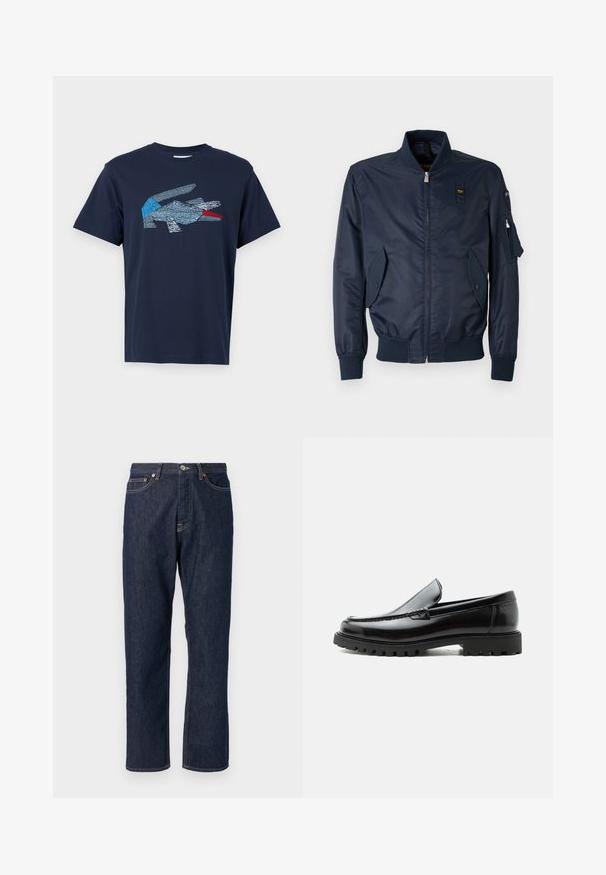 Chaqueta bomber de marina con cierre de cremallera, puños acanalados, dos bolsillos frontales inclinados y un bolsillo de utilidad en la manga izquierda. Acabado textil suave.; Lacoste Camiseta estampada - dark blue; Jeans de mezclilla azul oscuro con un diseño de pierna recta. Cuenta con un cierre de botón y cremallera, cinco bolsillos y detalles de costura en contraste.; Mocasín de cuero negro con suela de goma gruesa, empeine cosido y nombre de la marca en relieve en el talón, mostrado en perfil lateral sobre fondo blanco.