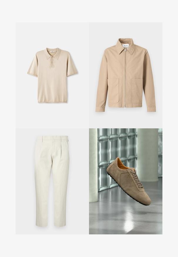 Beige Zip-Up-Jacke mit spitzem Kragen, langen Ärmeln und zwei Fronttaschen, vor einfarbigem Hintergrund dargestellt.; Beige Poloshirt mit Kragen und dreiknopfiger Leiste. Kurze Ärmel, weiche Textur und gerader Saum. Minimalistisches Design.; Beige maßgeschneiderte Hose mit Gürtelschlaufen, vorderen Abnähern, seitlichen Taschen und geraden Beinen, präsentiert vor einem schlichten Hintergrund.; Hellbrauner Wildleder-Sneaker mit Schnürsenkeln, schwarzer Sohle und "BOSS"-Logo, dargestellt vor einer reflektierenden Glasblockwand und glattem Boden.