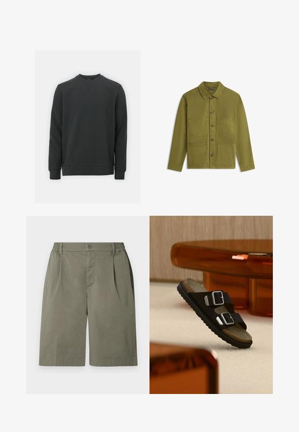 Olivengroene jas van stevig stof, met een puntkraag, knoopsluiting aan de voorkant en vier buitenzakken, waarvan één met een logodetail.; Zwarte sweatshirt gemaakt van een katoenmix, met een ronde hals, lange mouwen en een subtiel logo op de borst. Soepele textuur.; Olijfgroene kniebange broekjes met elastische tailleband, knoop- en ritsluiting, zijzakken en riemlussen.; Zwarte sandaal met twee zilveren gespen en een voetbed van kurk zweeft boven een beige tapijt, met doorschijnend amberkleurig meubilair op de achtergrond.