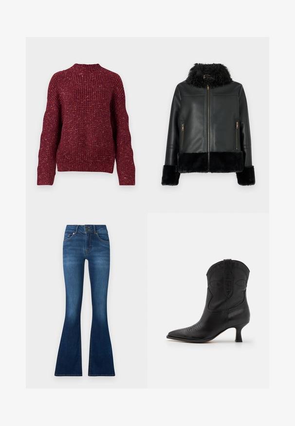 Schwarze Lederjacke mit einem Kunstpelzkragen und -manschetten, ausgestattet mit einem Reißverschluss und zwei vorderen Reißverschlusstaschen. Glatte Oberflächenbeschaffenheit.; Strickpullover in tiefem Burgunderrot, mit hohem Kragen, langen Ärmeln und einer strukturierten, gerippten Oberfläche. Grobes Design mit lockerer Passform.; Helle Jeans aus dunkelblauem Denim. Verfügt über einen Zwei-Knopf-Verschluss, fünf Taschen und verblasste Details an den Beinen. Standardmäßiger Taillendesign.; Schwarze Leder-Cowboystiefel mit spitzer Zehe, niedrigem Absatz und dekorativen Nähten am Schaft und Zehenbereich. Glatte Textur über die gesamte Fläche.