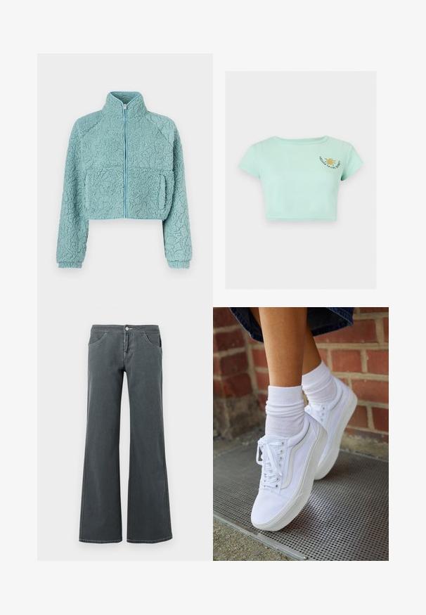 Krymper jakke med lynlås i blødt, tekstureret lyseblåt materiale; har raglanærmer og to forlommer med kontrastfarvet kant.; Mintgrøn ribbet cropped T-shirt med korte ærmer og en lille gul sol grafik med tekst på øverste venstre bryst.; Grå jeans med vidde, lavet af denim med en glat tekstur. Funktioner inkluderer en knaplukning, bælteløkker og forlommer.; Hvide lærreds sneakers med gummisåler, der har seks snørehuller, rund tå og let sømdetaljer, krydret med hvide ankelstrømper.