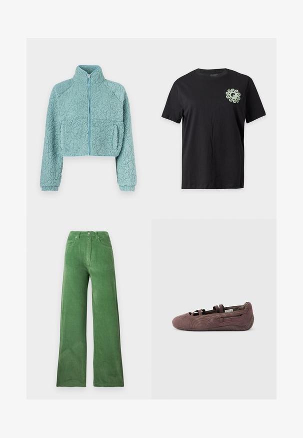 Veste zippée raccourcie en matériau bleu clair doux et texturé ; comprend des manches raglan et deux poches avant avec un bord contrastant.; T-shirt noir à manches courtes avec un petit symbole yin-yang vert clair entouré d’un motif tourbillonnant sur le haut gauche de la poitrine.; Pantalon large en velours côtelé vert avec une finition texturée, cinq poches et fermeture à bouton en métal. Des rayures verticales soulignent le tissu.; Ballerine plate en suède marron avec des lanières élastiques et une semelle texturée, vue de profil sur un fond clair uni.