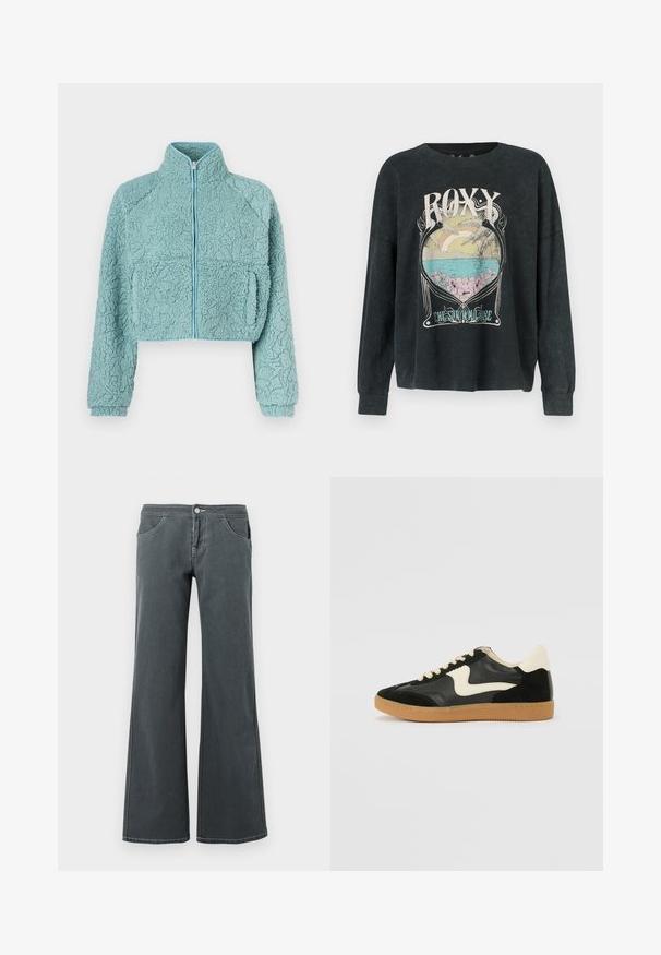 Krymper jakke med lynlås i blødt, tekstureret lyseblåt materiale; har raglanærmer og to forlommer med kontrastfarvet kant.; Sort langærmet sweatshirt med ribbet tekstur, der har en farverig grafik af en solnedgang og strandmotiv med teksten "ROXY."; Grå jeans med vidde, lavet af denim med en glat tekstur. Funktioner inkluderer en knaplukning, bælteløkker og forlommer.; Sorte ruskinds- og lædersneakers med en cremefarvet side-swoosh og lys cremefarvet hæl. Har beige snørebånd og en gummirubber-sål.