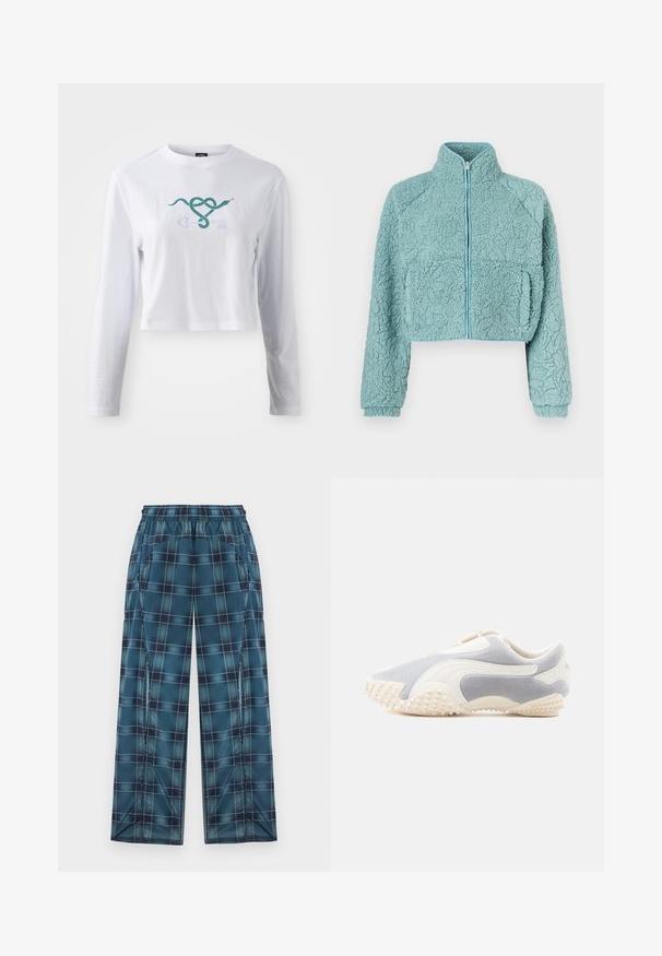 Krymper jakke med lynlås i blødt, tekstureret lyseblåt materiale; har raglanærmer og to forlommer med kontrastfarvet kant.; Hvid langærmet cropped t-shirt i bomuld med et grønt slangemotiv, der er flettet sammen med et nøgledesign på fronten.; Blå og sort ternede viddeben bukser med elastisk talje og sidelommer, lagt fladt på en lys baggrund.; Sportsko i lys grå ruskind med hvide læderdetaljer. Har en tekstureret sål med små pigge for bedre greb. Slip-on design.