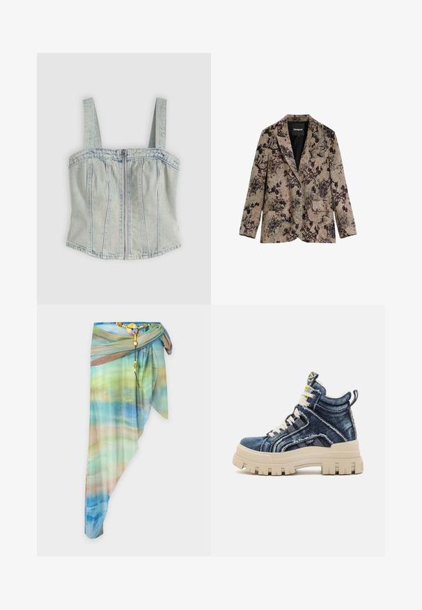 Beige dameblazer med mørkelilla blomsterprint, to forreste knapper, reverskrave og forlommer med klapper fra Desigual.; Lyseblå denim korsett-top med brede stropper, lynlåslukning foran, lodrette sømdetaljer og en lige kant.; Asymmetrisk gennemsigtig omslagsnederdel med blå, grøn og beige gradientmønster, fastgjort med et dekorativt perlebælte og rundt spænde.; Buffalo ASPHA MID - Sneakers high - blue