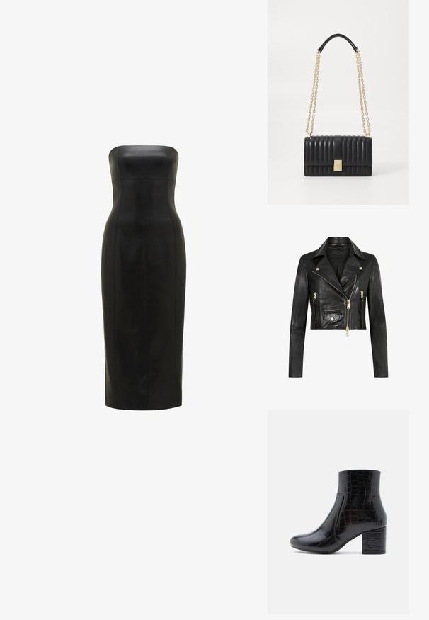 AllSaints ELORA BIKER - Leren jas - black gold; Zwarte, strapless leren jurk met een getailleerde silhoutte, knie-lang, gladde textuur en verticale naden voor definitie.; Zwarte enkellaars gemaakt van glanzend krokodillenprintleer. Voorzien van een ronde neus en een dikke blokhak. Gladde textuur en slank ontwerp.; Zwarte leren handtas met gequilt design, gouden ketting en leren schouderriem, rechthoekige vorm, voorzien van een metalen sluiting.