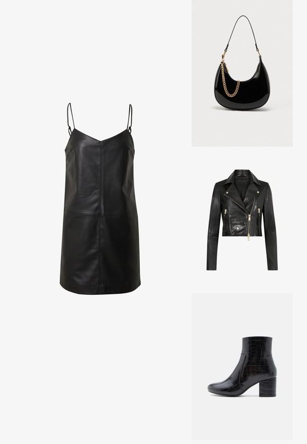 AllSaints ELORA BIKER - Leren jas - black gold; Zwarte leren slipdress met verstelbare spaghettibandjes, V-hals en een aansluitende silhouet, voorzien van een gladde textuur en minimale hardware.; Zwarte enkellaars gemaakt van glanzend krokodillenprintleer. Voorzien van een ronde neus en een dikke blokhak. Gladde textuur en slank ontwerp.; Zwarte handtas van lakleer met een gebogen vorm, dunne schouderriem en een gouden kettingdetail aan de voorkant. Gladde textuur, minimalistisch ontwerp.