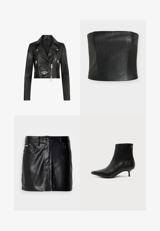 AllSaints ELORA BIKER - Læderjakker - black gold; Sort lædercropped top med en glat tekstur, struktureret design og sømløse sider, med en lige halsudskæring og uden synlige lukninger.; Sort læder mini-nederdel med skræddersyet design, der har forlommer, knaplukning og en glat overflade.; Sort læder ankelstøvle med spids tå og lav kitten hæl på lys baggrund, der viser yderside.