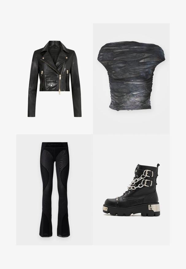 AllSaints ELORA BIKER - Læderjakker - black gold; Sort, gennemsigtig top med et tekstureret, lagdelt design med horisontale udsparinger. Materialet ser let ud med subtile farvevariationer.; Sorte mesh flared leggings med tekstureret detaljering og mønstrede indsæt. Har en høj talje med brandlogo øverst.; Koi Footwear SHACKLED SHADOWS HEAVY DUTY CHAIN - Cowboy- / bikerstøvlette - black