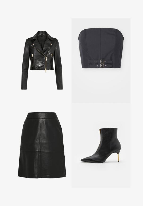 AllSaints ELORA BIKER - Læderjakker - black gold; Sort cropped top uden stropper med struktureret bodice, der har syninge og dobbelte metalspænder foran til lukning.; Sort nederdel i imiteret læder med A-form, høj talje og synlige sømdetaljer hen over fronten og nær nederste kant.; AllSaints NATASHA - Støvletter - black