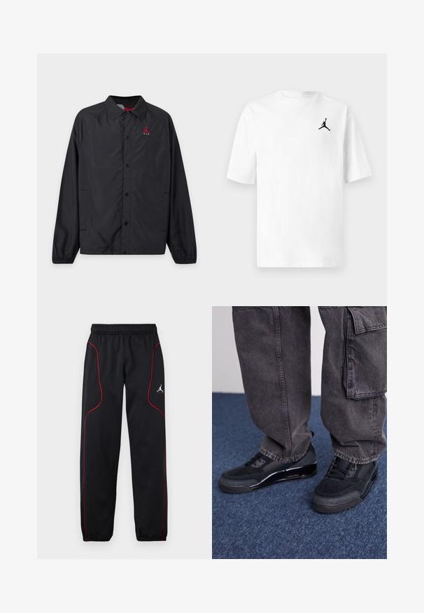 Sort let jakke med knapper, krave, elastiske ærmer, sidelommer og lille rødt logo på venstre bryst.; Hvid bomuld T-shirt med rund hals og korte ærmer. Den har et lille sort Jordan-logo på venstre brystområde.; Sorte atletikbukser med røde pipinger, elastisk taljebånd og manchetter, samt et lille hvidt Jumpman-logo på højre lår.; Sorte sportsko med en struktureret overflade, glatte detaljer og en kraftig sål, der er parret med mørke, løstsiddende cargo-bukser.