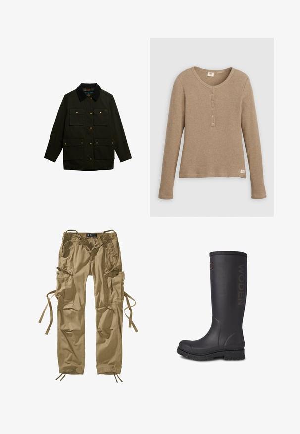 Mørkegrøn stofjakke med sort krave, frontknapper og fire påsyede lommer. Har et kviltet design med gyldne hardware-detaljer.; Beige henley-shirt i vaffelstrik med lange ærmer, rund halsudskæring og fem-knaps lukning, vist fladt mod hvid baggrund.; Khaki cargo bukser lavet af bomuld med flere sidelommer, snore ved anklerne og knaptryk. Rette linjer og slidstærkt stof.; Høj sort gummistøvle med struktureret overflade, WODEN-logo på siden, og en forstærket sål med spraglete accenter.