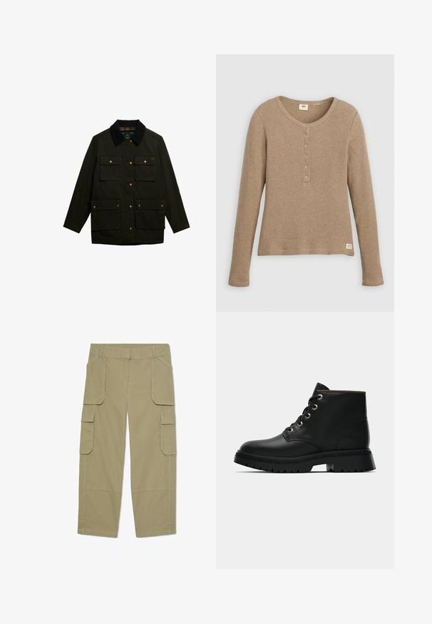 Donkergroene stoffen jas met een zwarte kraag, voorknopen en vier opgestikte zakken. Heeft een gevoerd ontwerp met gouden hardware accenten.; Beige henleyshirt met lange mouwen en wafelstructuur, ronde hals en knoopsluiting met vijf knopen, plat weergegeven tegen een witte achtergrond.; Khakikleuren cargobroek met meerdere klepzakken aan de voorkant en zijkanten, rechte pijpen en riemlussen in de taille.; Zwart leren enkelboot met ronde neus, gouden oogjes en textuurzool. Voorzien van een gevoerde kraag en een kenmerkend logo aan de zijkant.