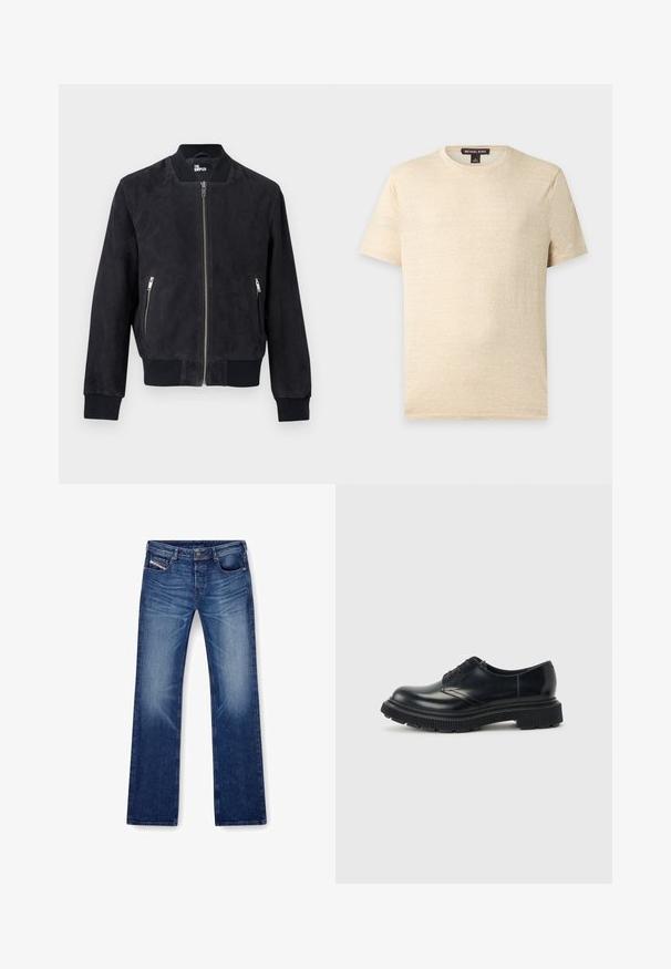 Schwarze Bomberjacke aus Wildleder mit Frontreißverschluss, seitlichen Reißverschlusstaschen, geripptem Kragen, Bündchen und Saum, mit Markenlogo auf der Innenseite des Kragens.; Schlichtes beiges T-Shirt mit kurzen Ärmeln und Rundhalsausschnitt, mit einem Michael Kors Etikett innen am Kragen, vor hellem grauem Hintergrund abgebildet.; Blaue Jeans aus Denim mit geradem Bein, fünf Taschen und passendem Stich. Der Stoff hat eine glatte Textur mit leichter Ausbleichung.; Schwarzer Leder-Schnürschuh mit dicker, profilierter Sohle, glatter Oberfläche und niedrigem Absatz, von der Seite vor einem schlichten Hintergrund gezeigt.