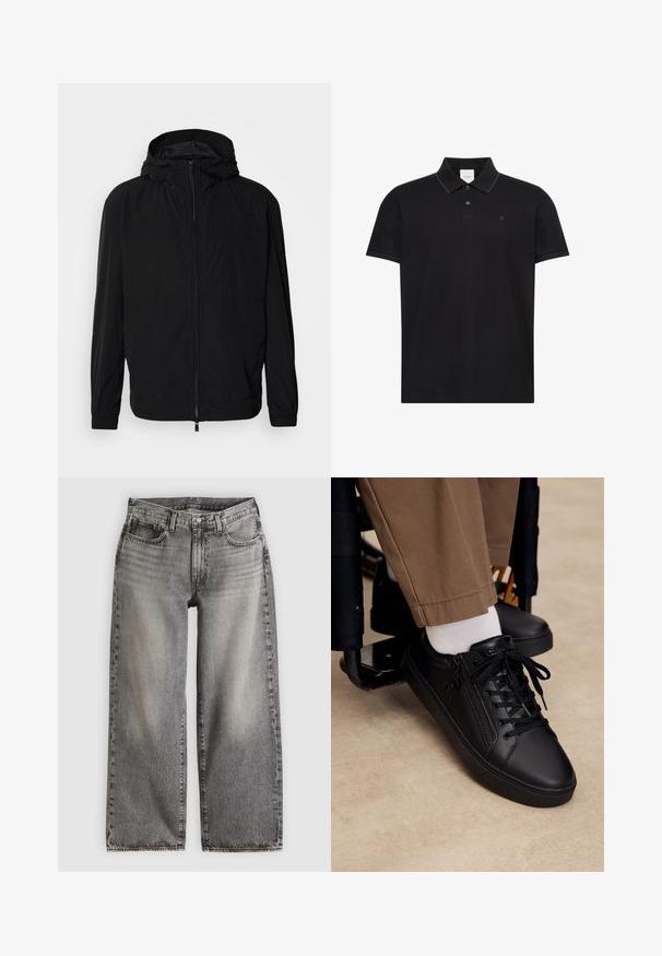 Zwarte lichtgewichtjas met een ritssluiting aan de voorkant, verstelbare capuchon, elastische manchetten en twee voorzakken met een gladde, matte textuur.; Zwart poloshirt met korte mouwen, een kraag, twee knopen, subtiele contrasterende bies aan de rand van de kraag en een klein "ck"-logo op de borst.; Wijde jeans van zwart gewassen denim, met een hoge taille, vijf zakken en subtiele stiksel details langs de naden.; Zwarte leren sneaker met veters en zijrits, gedragen met witte sokken en bruine broek, voet rustend op de voetsteun van een rolstoel.