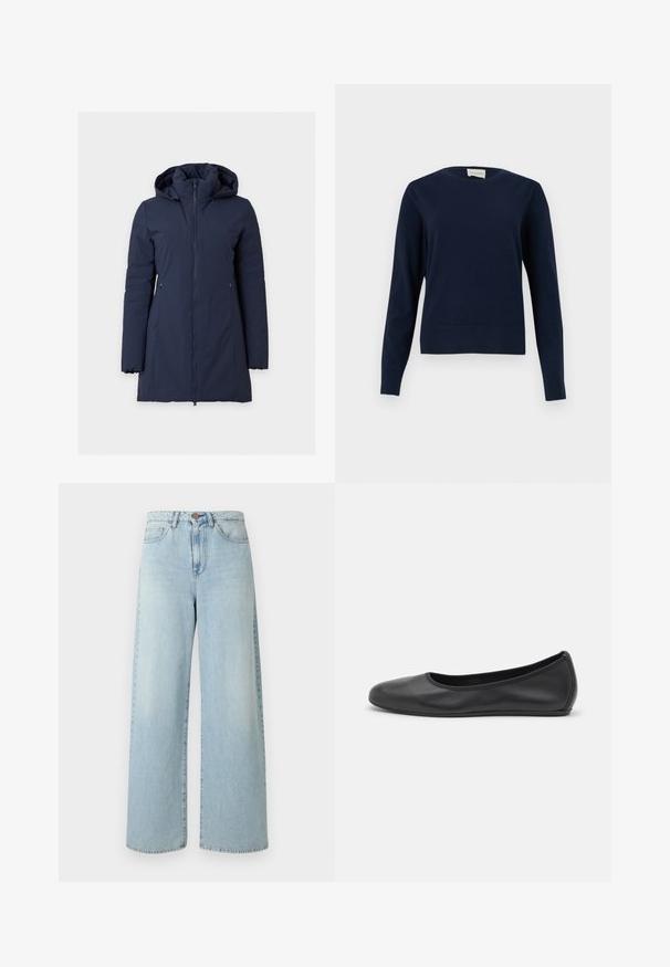 Long manteau d'hiver bleu marine avec capuche, fermeture éclair devant et deux poches latérales zippées sur fond uni.; Pull à manches longues bleu marine à col rond avec poignets et ourlet côtelés, présenté sur un fond clair uni.; Jean large bleu clair en denim à la texture lisse, doté d’une fermeture à bouton et d’un design à cinq poches.; Ballerines en cuir noir avec un bout rond, texture lisse, détails de couture minimalistes et design de semelle flexible.